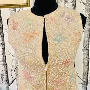 Vintage Embroidered Floral Pastel Beads Cream Sequin Vest